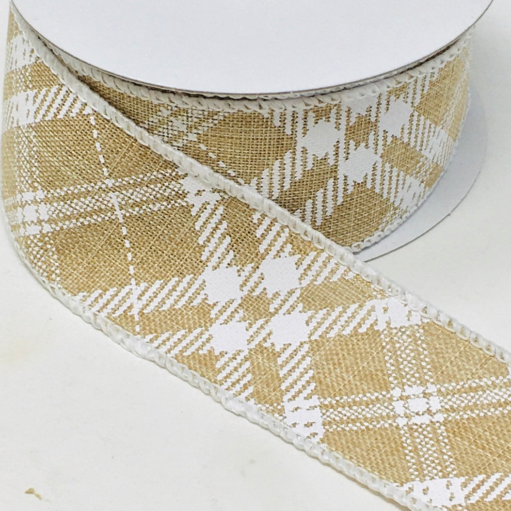 10 Yards - 1.5" Wired Natural and White Cross Check Ribbon