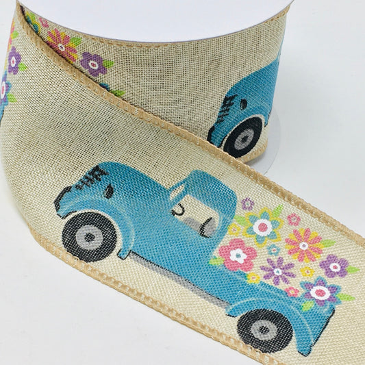 10 Yards - 2.5" Wired Natural Background Blue Truck with Flowers Ribbon