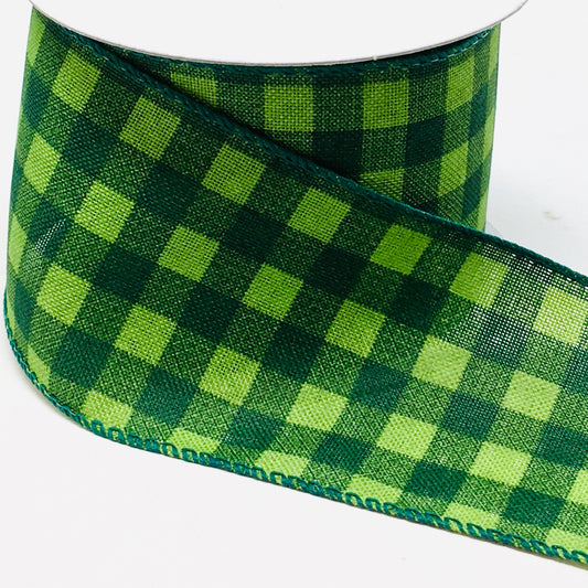 10 Yards - 2.5” Wired Lime Green and Emerald Green Check Ribbon