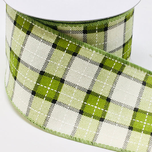 10 Yards - 2.5" Wired Green, Black, White, and Cream Check Ribbon