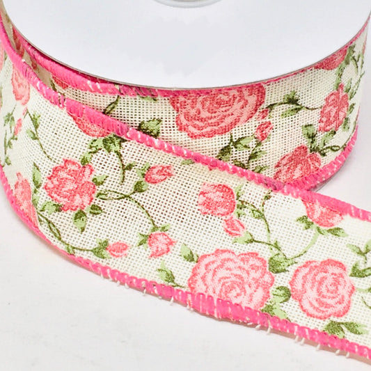 10 Yards - 1.5" Wired Pink Rose Floral Ribbon