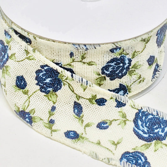 10 Yards - 1.5" Wired Cream Background Blue Rose Floral Ribbon