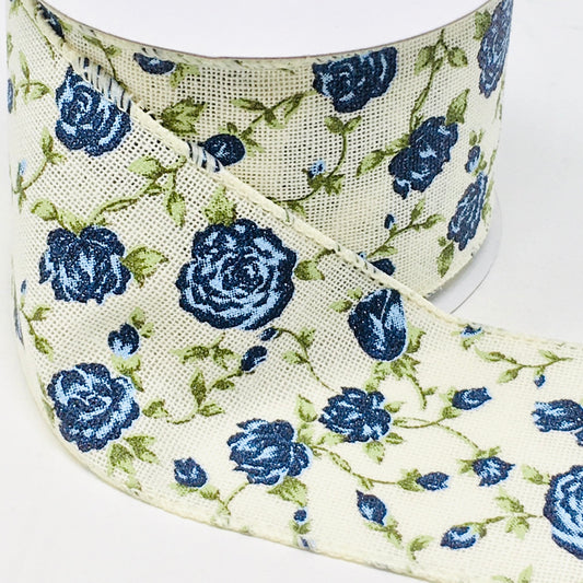 10 Yards - 2.5" Wired Cream Background Blue Rose Floral Ribbon