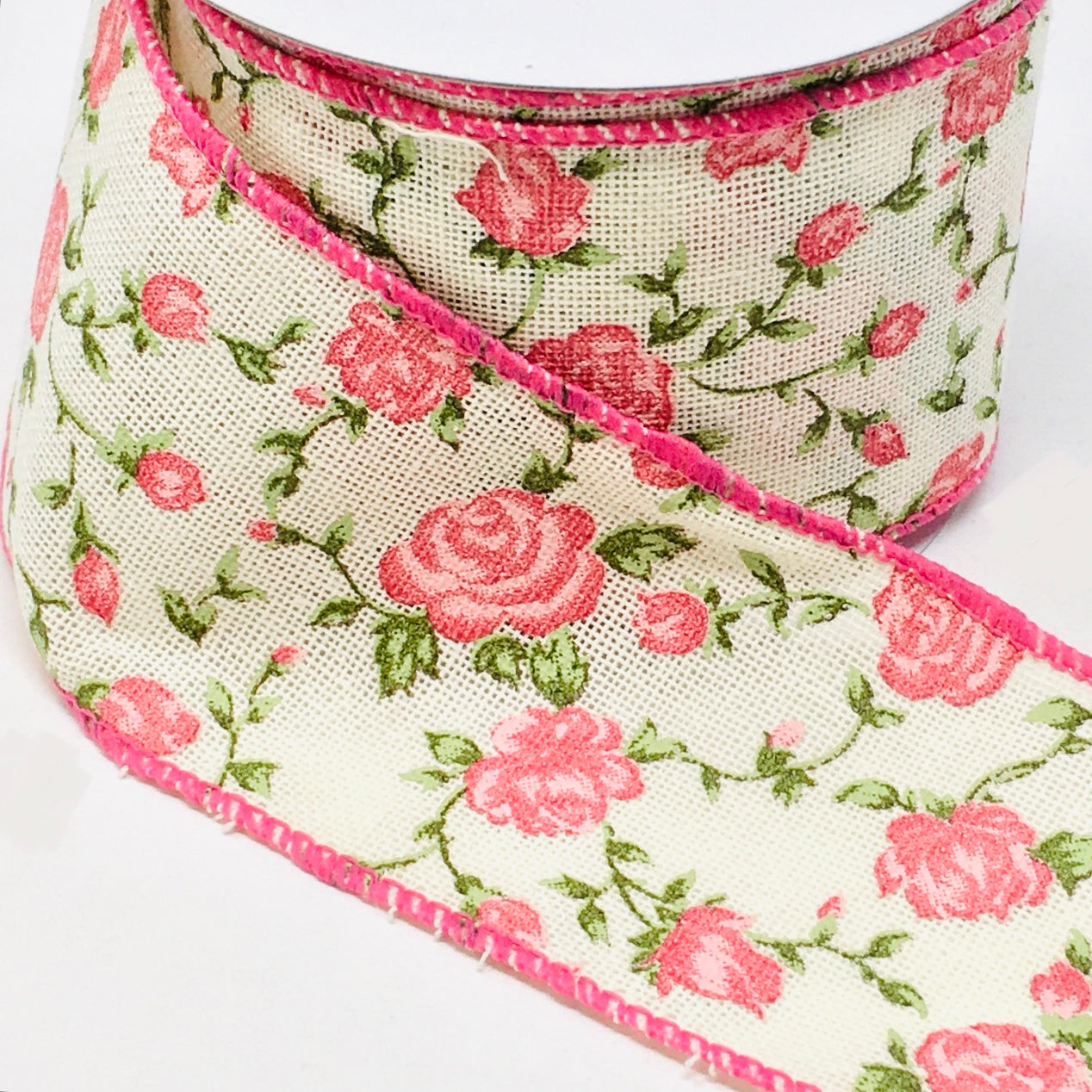 10 Yards - 2.5" Wired Pink Rose Floral Ribbon