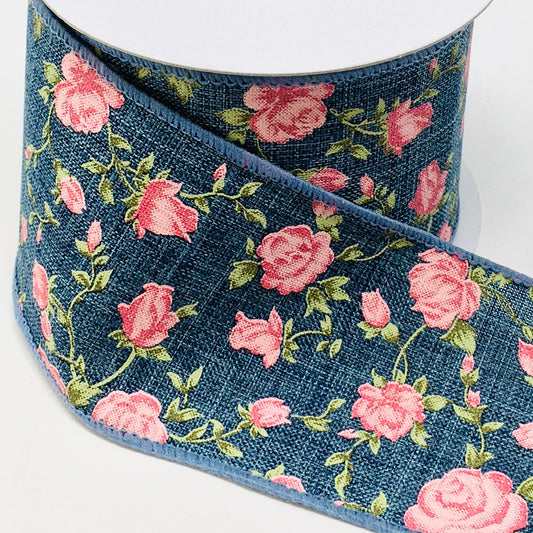 10 Yards - 2.5" Wired Denim Background Pink Rose Ribbon