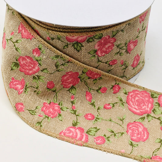 10 Yards - 2.5" Wired Natural Background Pink Rose Floral Ribbon