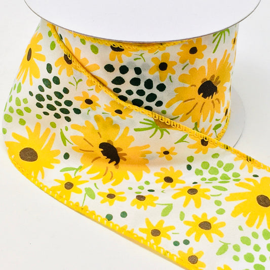 10 Yards - 2.5” Wired Yellow Black Eyed Susan Floral Ribbon