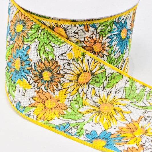 10 Yards - 2.5" Wired Yellow and Blue Daisy Floral Ribbon