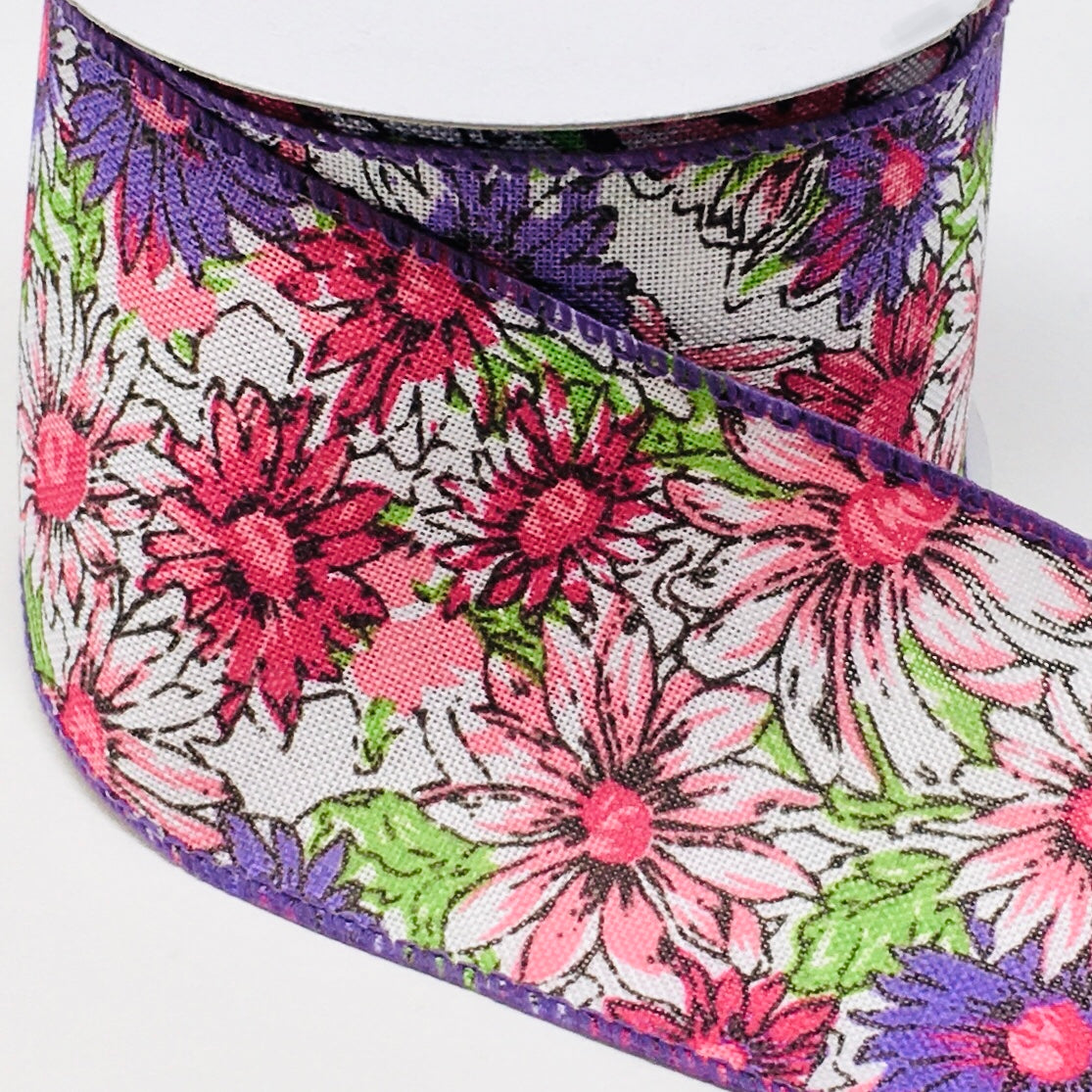 10 Yards - 2.5" Wired Pink and Purple Daisy Floral Ribbon