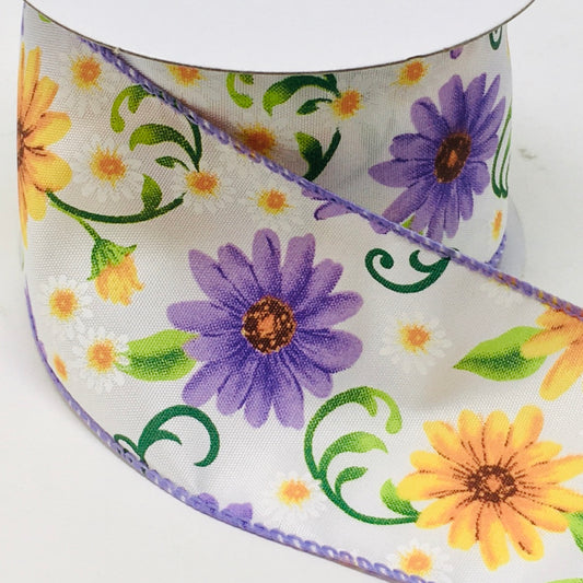 10 Yards - 2.5" Wired Yellow and Purple Daisy Floral Ribbon