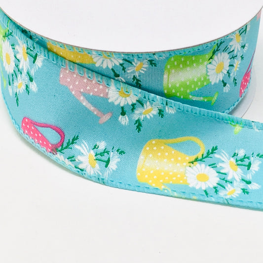 10 Yards - 1.5” Wired Blue Background Daisy Watering Can Ribbon