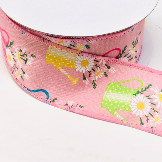 10 Yards - 1.5" Wired Pink Background Watering Can Daisy Ribbon