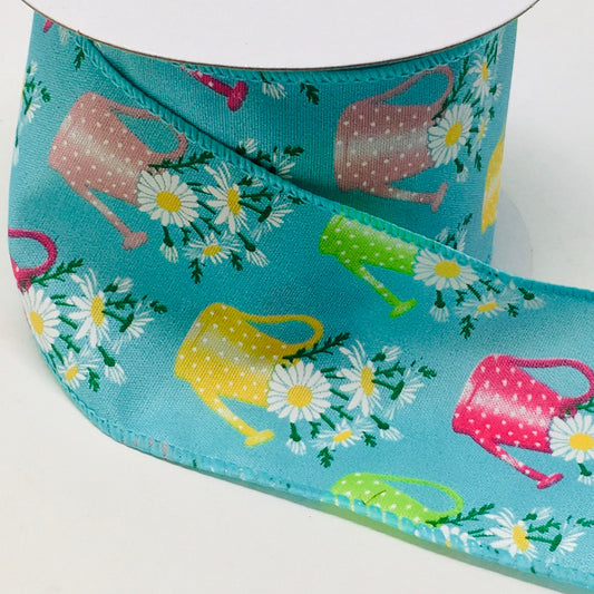 10 Yards - 2.5” Wired Blue Background Daisy Watering Can Ribbon