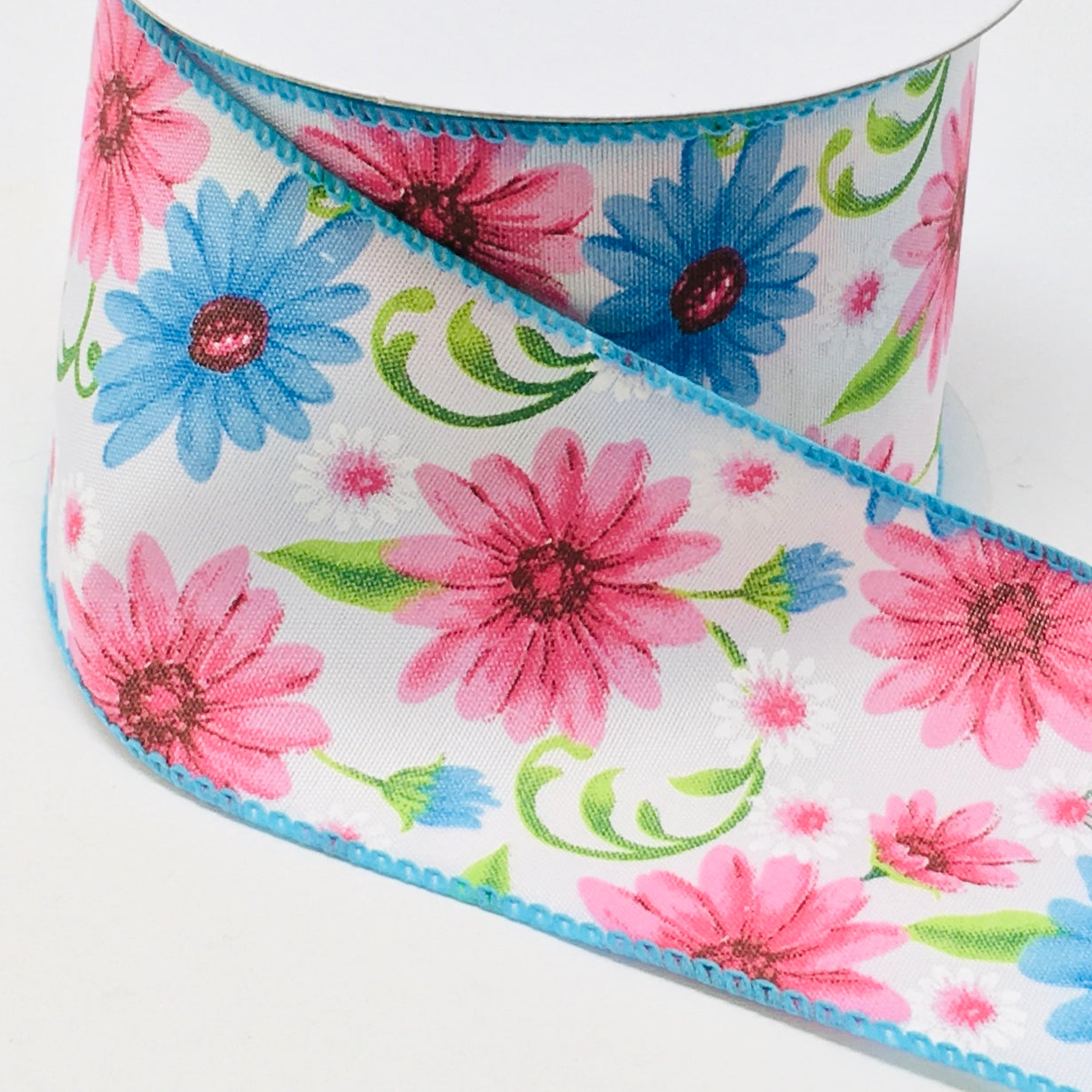 10 Yards - 2.5" Wired Pink and Blue Floral Ribbon