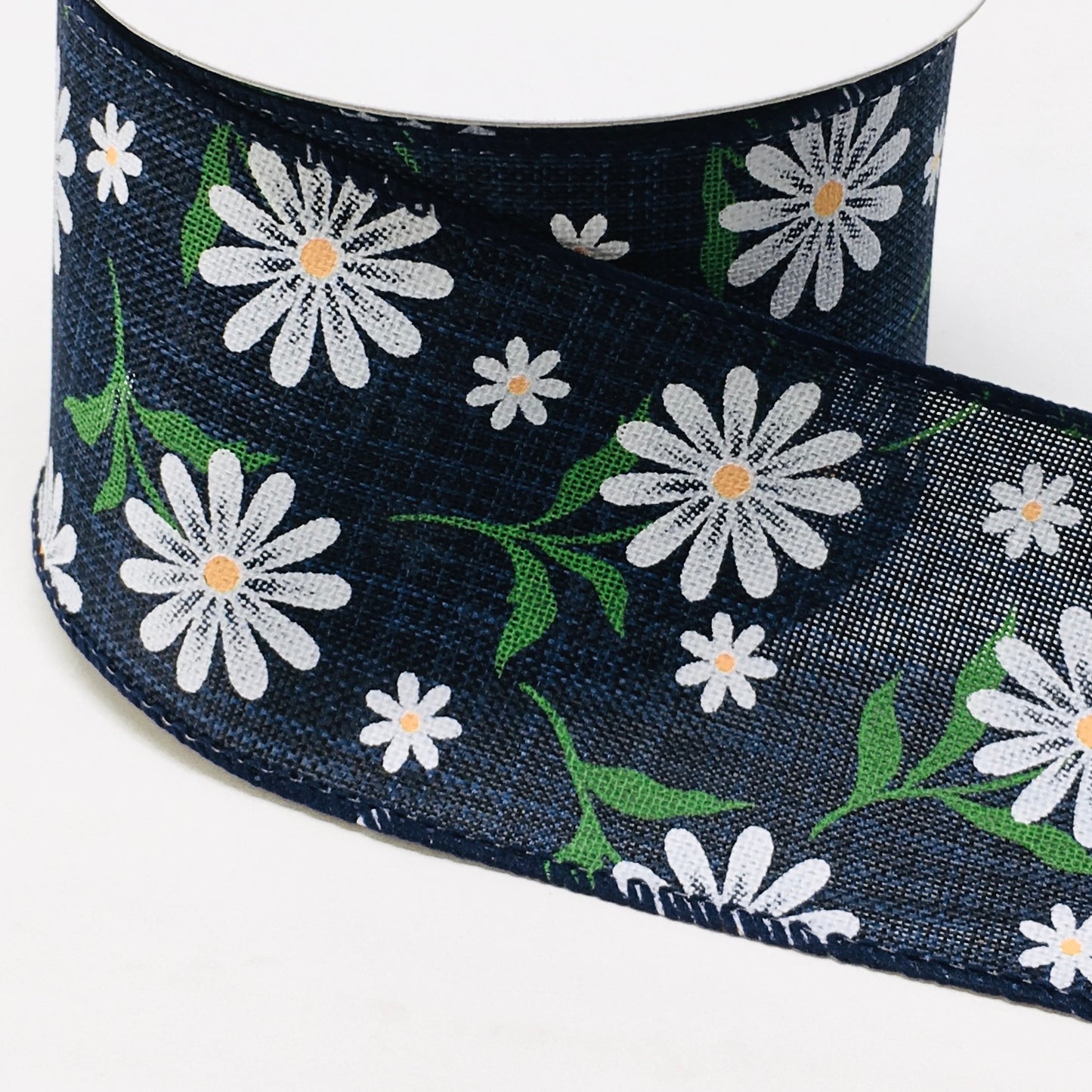 10 Yards - 2.5" Wired Navy Blue Background Daisy Floral Ribbon