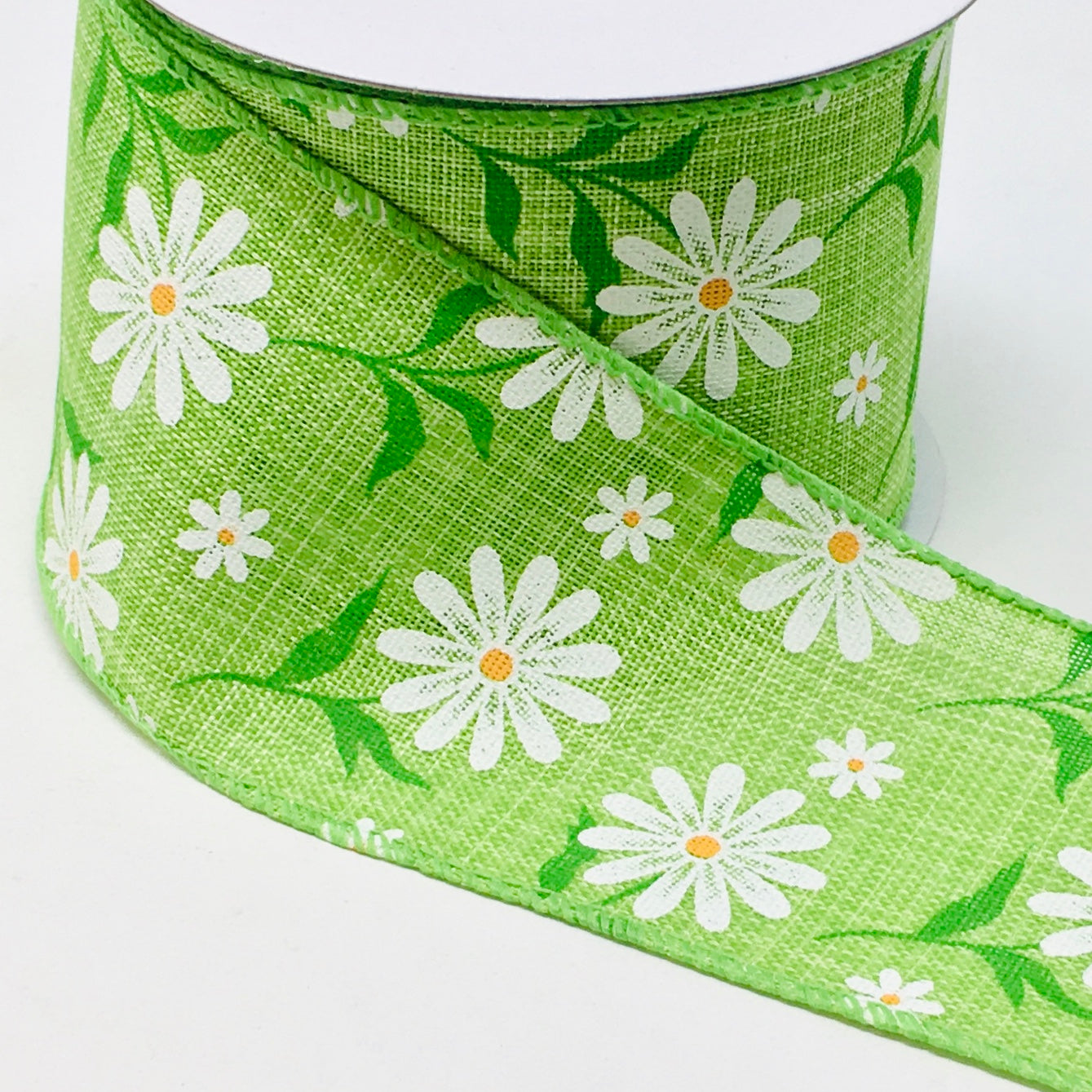 10 Yards - 2.5" Wired Lime Green Daisy Floral Ribbon