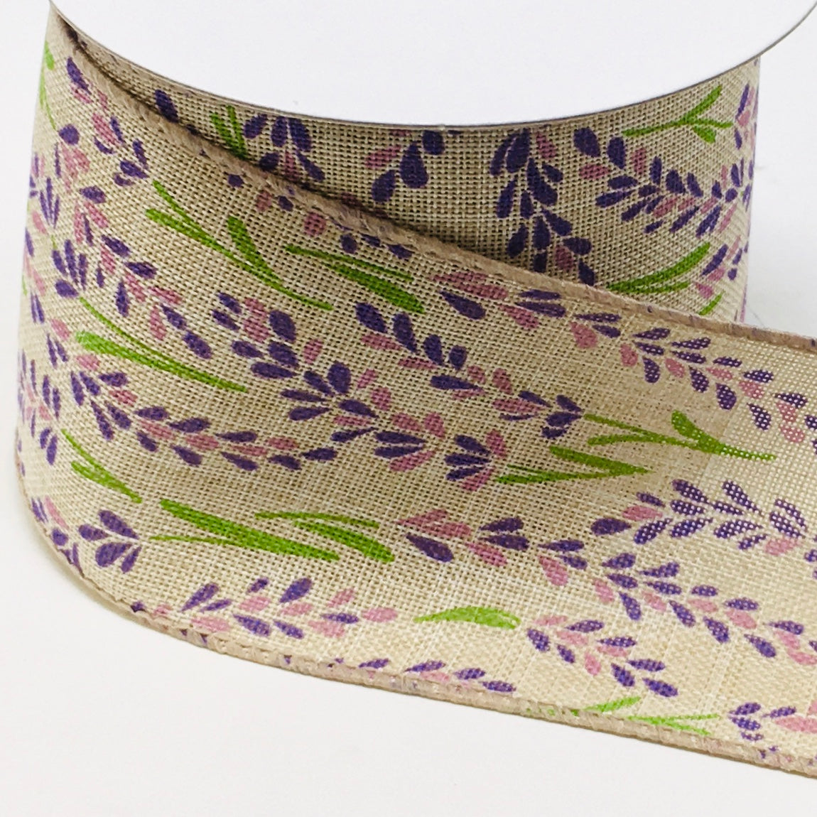 10 Yards - 2.5" Wired Lavender Floral Ribbon on Natural Background