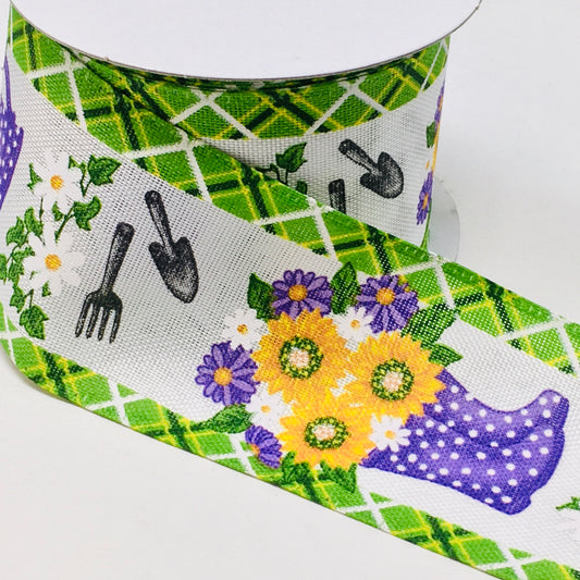 10 Yards - 2.5” Wired Purple Rainboot and Watering Can Floral Watering Can Ribbon