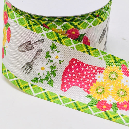 10 Yards - 2.5” Wired Fuschia Rainboot and Watering Can Floral Watering Can Ribbon