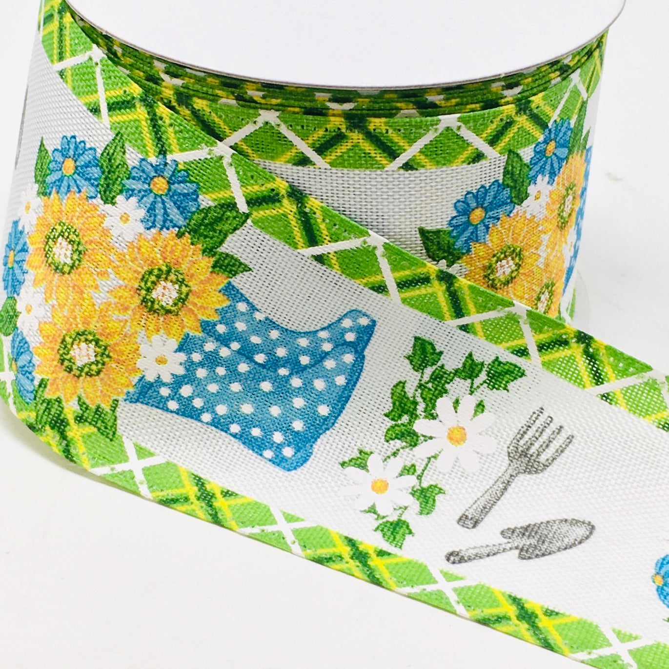 10 Yards - 2.5” Wired Blue Rainboot and Watering Can Floral Watering Can Ribbon