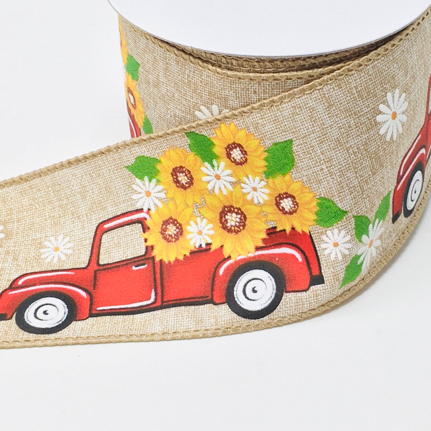 10 Yards - 2.5" Wired Red Truck Daisy Sunflower Ribbon