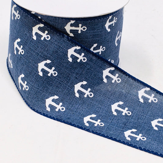 10 Yards - 2.5" Navy Blue with White Anchors Beach Ribbon