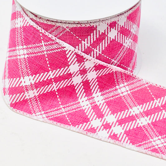 10 Yards - 2.5” Wired Fuschia and White Cross Plaid Ribbon