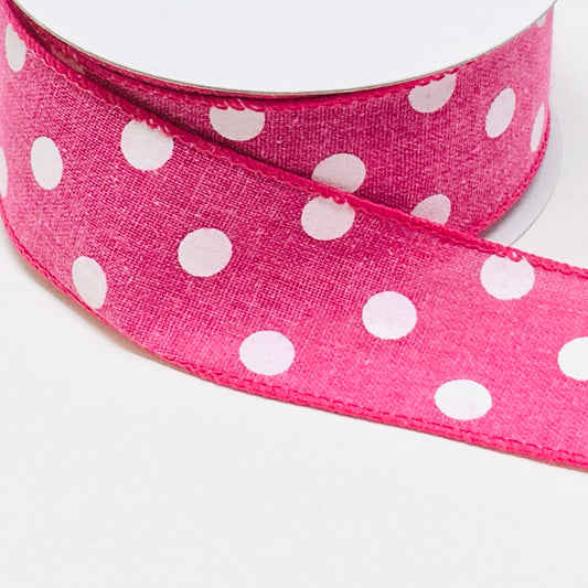 10 Yards - 1.5” Wired Fuschia and White Polka Dot Ribbon