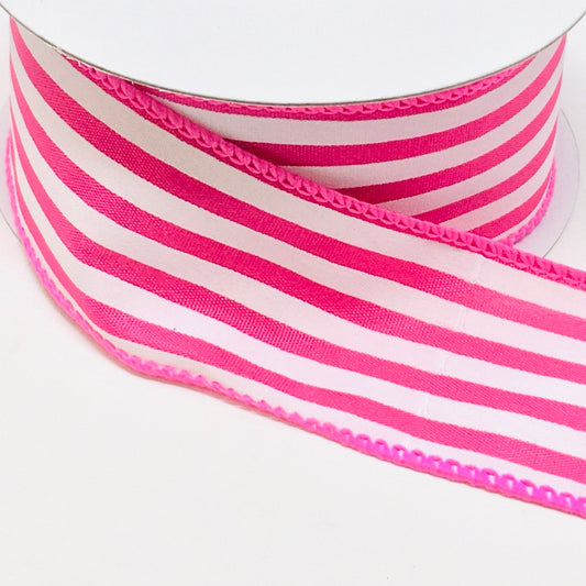 10 Yards - 1.5” Wired Fuschia and White Stripe Ribbon