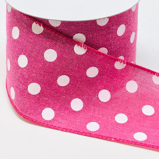 10 Yards - 2.5” Wired Fuschia and White Polka Dot Ribbon