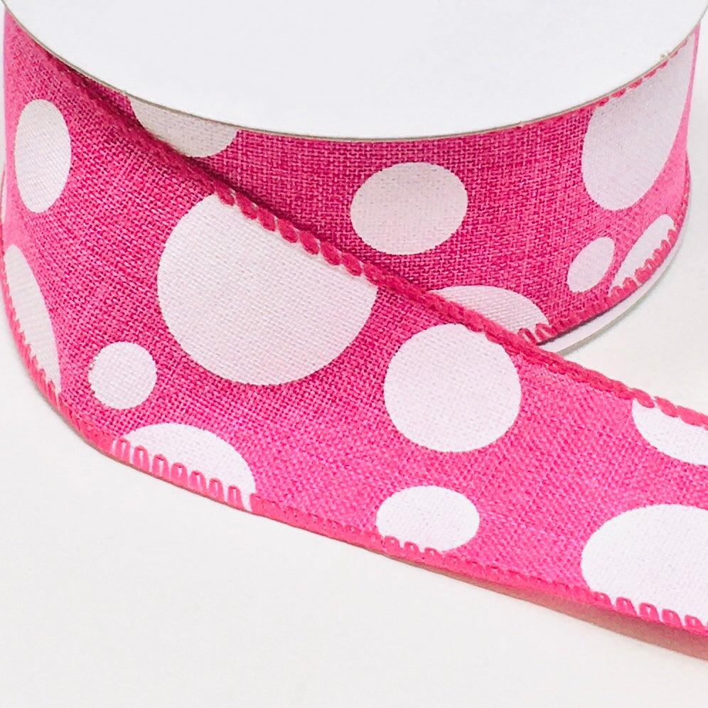 10 Yards - 1.5” Wired Fuschia and White Polka Dot Ribbon