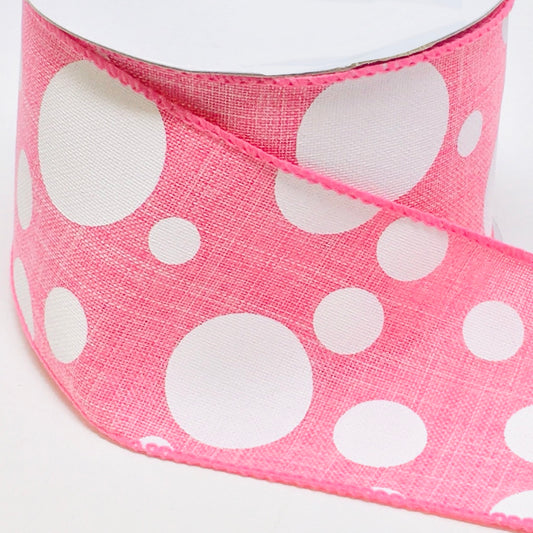 10 Yards - 2.5” Wired Pink and White Polka Dot Ribbon