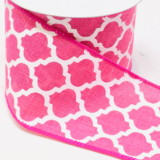 10 Yards - 2.5” Wired Fuschia and White Quatrefoil Ribbon