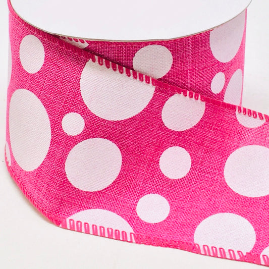 10 Yards - 2.5” Wired Fuschia and White Polka Dot Ribbon