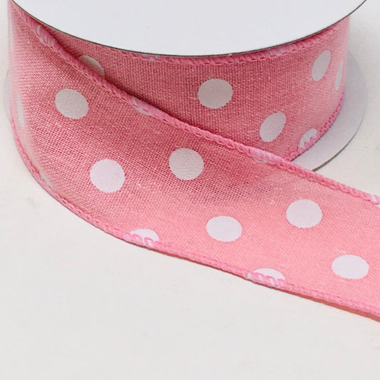 10 Yards - 1.5” Wired Pink and White Polka Dot Ribbon