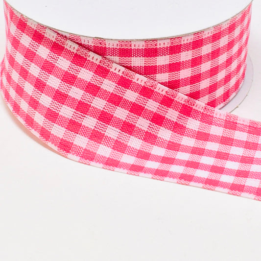 10 Yards - 1.5" Wired Fuschia Pink and White Gingham Check Ribbon