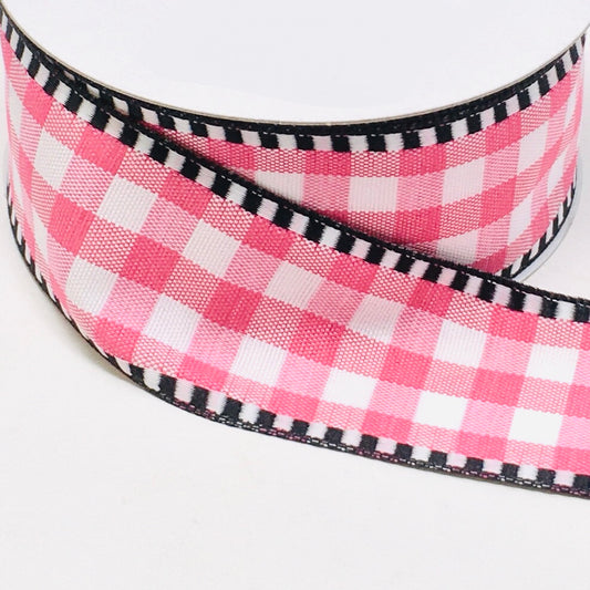 10 Yards - 1.5” Wired Fuschia Pink and White Check Ribbon with Black and White Stripe Edge