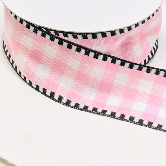 10 Yards - 1.5” Wired Pink and White Check Ribbon with Black and White Stripe Edge