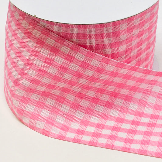 10 Yards - 2.5" Wired Pink and White Gingham Check Ribbon