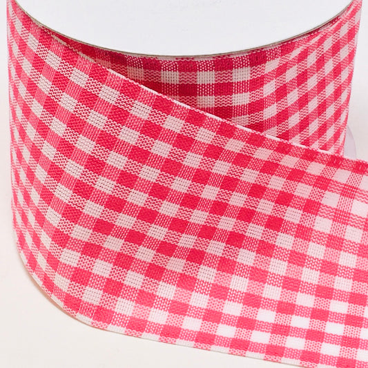 10 Yards - 2.5" Wired Fuschia Pink and White Gingham Check Ribbon