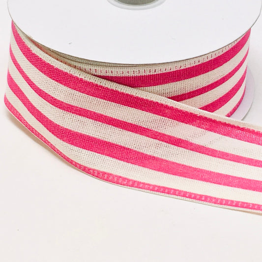 10 Yards - 1.5” Wired Light Natural and Fuschia Stripe Ribbon