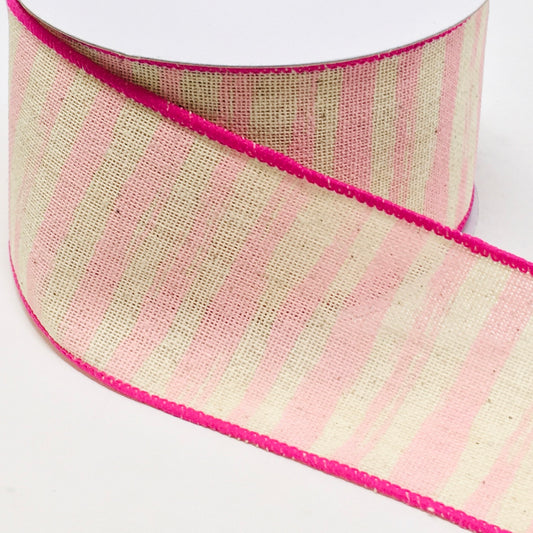 10 Yards - 2.5” Wired Pink and Light Natural Stripe Canvas Ribbon