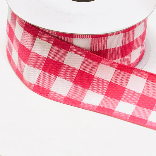 10 Yards - 1.5” Wired Fuschia Pink and White Check Ribbon