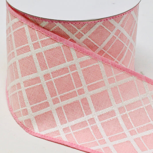 10 Yards - 2.5” Wired Pink and White Glitter Cross Check Ribbon