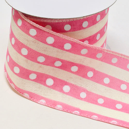 10 Yards - 2.5” Wired Pink, Cream, and White Polka Dot Stripe Ribbon