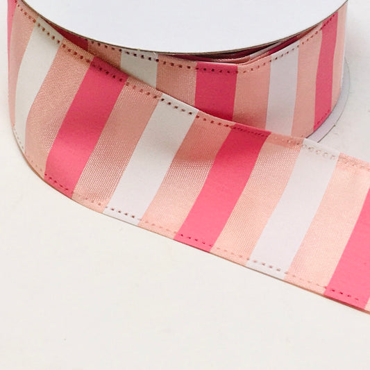 10 Yards - 1.5” Wired Pink, Peach, and White Stripe Ribbon