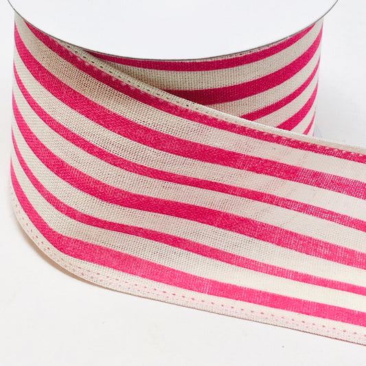 10 Yards - 2.5” Wired Fuschia Pink and Cream Stripe Ribbon