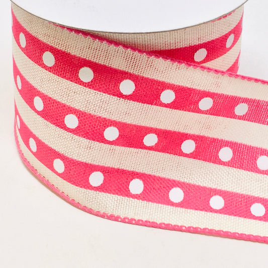 10 Yards - 2.5” Wired Fuschia Pink, Cream, and White Polka Dot Stripe Ribbon