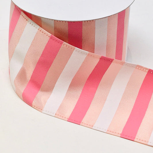 10 Yards - 2.5” Wired Pink and White Stripe Ribbon