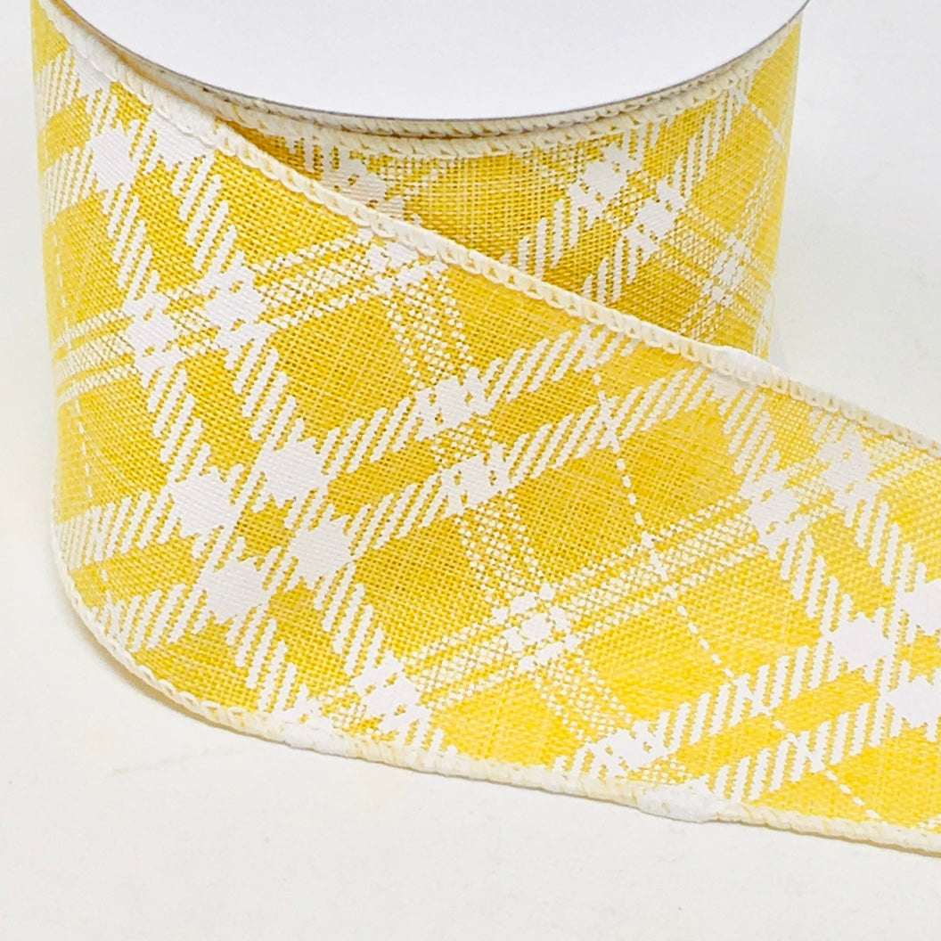 10 Yards - 2.5” Wired Yellow and White Cross Plaid Ribbon